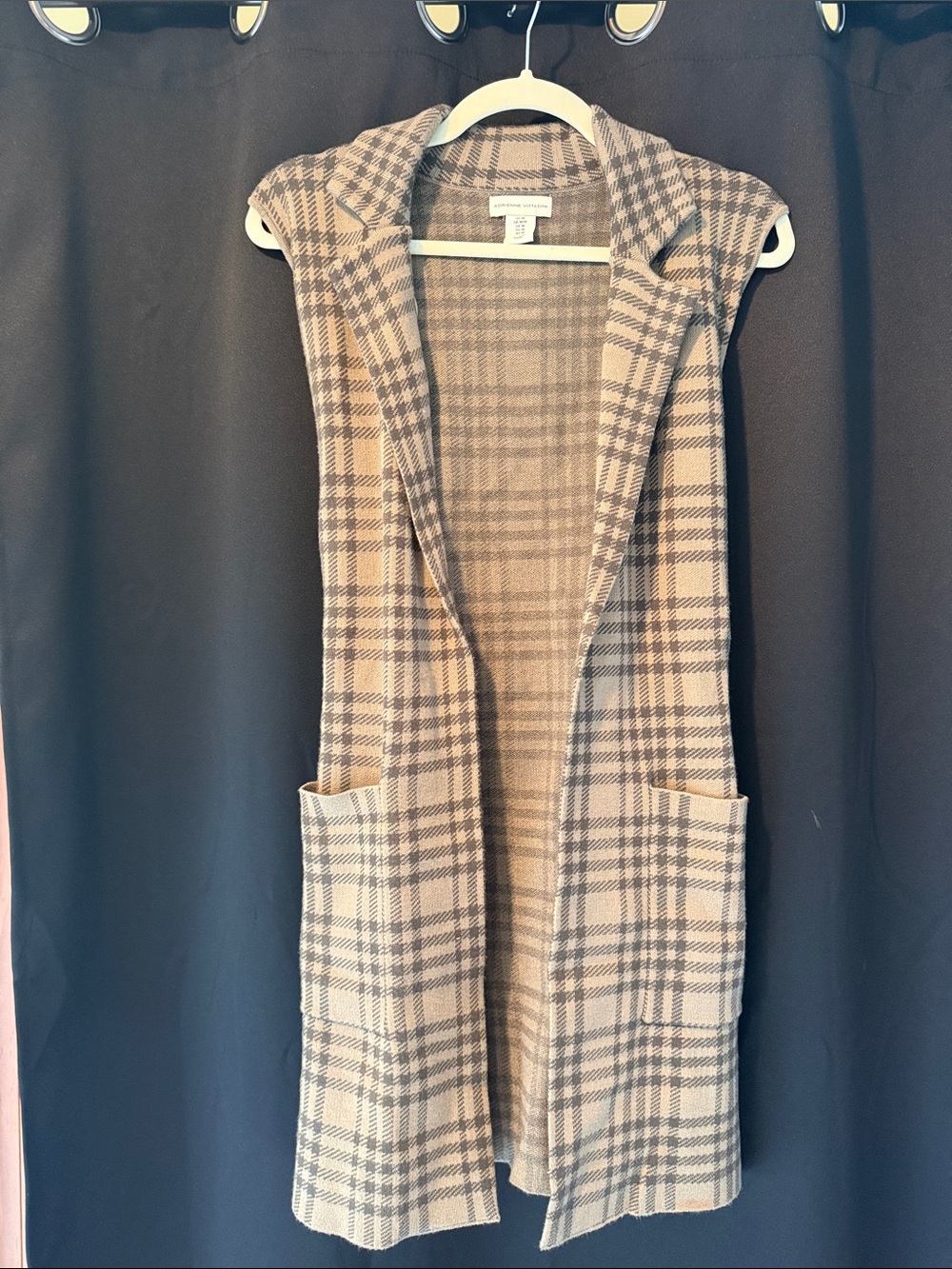 Adrienne Vittadini Tan and Brown Plaid Sleeveless Long Vest